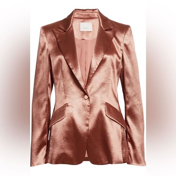 Cinq à Sept Karis Tailored Textured Metallic Satin Blazer Size 10 Copper Pink - Picture 2 of 15